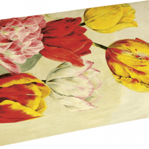 Bloque ilustrado con tulipanes coloridos que incluyen flores rojas, amarillas y rosas sobre un fondo beige.