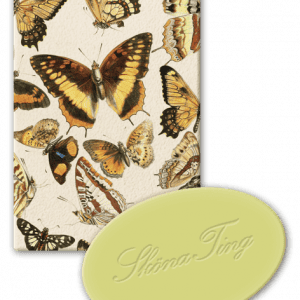 Ilustración de varias mariposas sobre un fondo texturizado, acompañada de una forma ovalada de color verde oliva con texto cursivo.