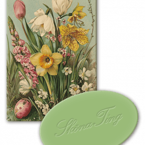 Ilustración de varias flores de primavera, un huevo de Pascua rosa y una forma ovalada verde con texto cursivo.