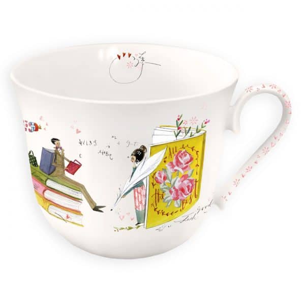 Taza de té ilustrada con dibujos extravagantes de personas leyendo libros, símbolos matemáticos y diseños florales.