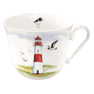 Taza blanca con estampado de un faro rojo y blanco, rodeado de pájaros volando y con un único pájaro posado en el borde.