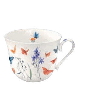 Una taza de té blanca con asa, decorada con mariposas y flores de colores.