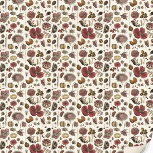 Papel estampado con motivos botánicos ilustrados con flores, hojas y semillas en tonos tierra apagados. Una esquina curvada revela la textura del papel.