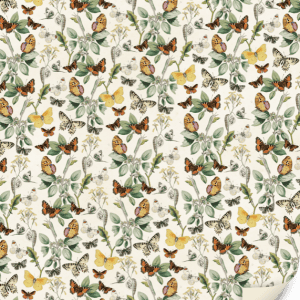 Papel pintado estampado con mariposas, flores y hojas sobre fondo beige; esquina ligeramente rizada.