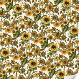 Patrón de girasoles amarillos y hojas verdes sobre un fondo claro con un borde de papel rizado en la esquina inferior derecha.