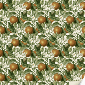 Un patrón repetitivo de frutas naranjas y hojas verdes con pequeñas flores blancas en una enredadera.