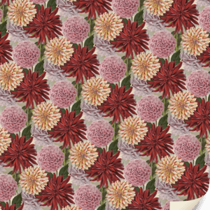 Patrón floral con flores rojas, rosas y amarillas dispuestas en un diseño repetido sobre un fondo texturizado.