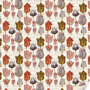Papel estampado con ilustraciones de corazones anatómicos y flores en varios colores, sobre fondo beige. La esquina inferior derecha está ligeramente doblada.
