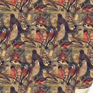 Ilustración de varias especies de aves, incluidos pinzones y gorriones, en un patrón repetido. El diseño tiene un estilo vintage y naturalista.