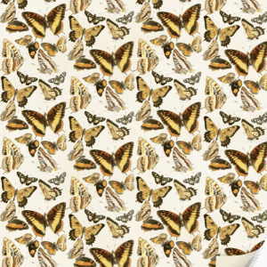 Papel estampado que presenta varias mariposas en tonos marrón, beige y negro con una esquina ligeramente doblada.