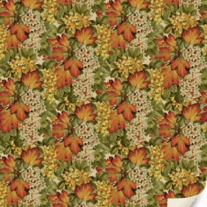 Papel estampado con hojas de otoño en naranja y amarillo, combinadas con follaje verde y una esquina inferior derecha rizada.