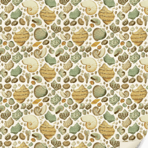 Patrón sin costuras con varias conchas marinas ilustradas en colores apagados sobre un fondo blanco, con un borde rizado que revela la capa del patrón.