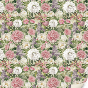 Papel tapiz floral con flores rosas, blancas y violetas y hojas verdes. Una esquina está ligeramente despegada, revelando una parte inferior blanca.