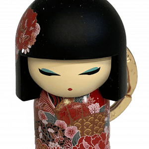 Llavero de muñeca Kokeshi japonesa con pelo negro, adornado con un diseño de kimono rojo floral.