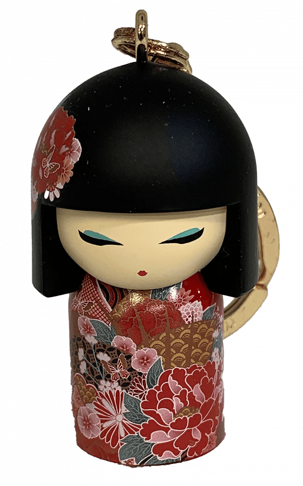 Llavero de muñeca Kokeshi japonesa con pelo negro, adornado con un diseño de kimono rojo floral.