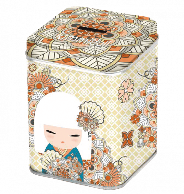 Lata decorativa con motivos florales y un personaje de dibujos animados con cabello blanco y vestido con un traje azul.