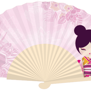 Ilustración de una muñeca geisha con cabello morado y decoraciones florales junto a un abanico plegable decorativo rosa con patrones florales.