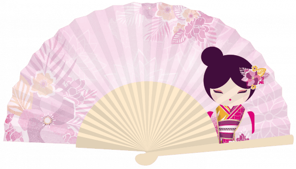 Ilustración de una muñeca geisha con cabello morado y decoraciones florales junto a un abanico plegable decorativo rosa con patrones florales.