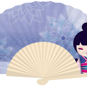 Ilustración de una persona con atuendo tradicional y peinado con moño, de pie frente a un abanico de papel decorativo abierto con motivos florales en tonos de azul y morado.