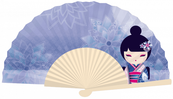 Ilustración de una persona con atuendo tradicional y peinado con moño, de pie frente a un abanico de papel decorativo abierto con motivos florales en tonos de azul y morado.