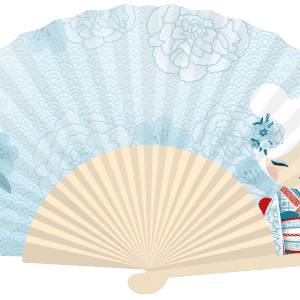 Ilustración de un abanico plegable japonés tradicional con un estampado de peonías de color azul pálido. Detrás del abanico se ve parcialmente una figura parecida a una muñeca con un kimono.