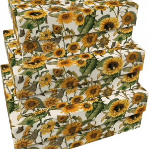 El producto presenta cuatro cajas rectangulares apiladas adornadas con patrones de girasoles y hojas verdes sobre un fondo blanco.
