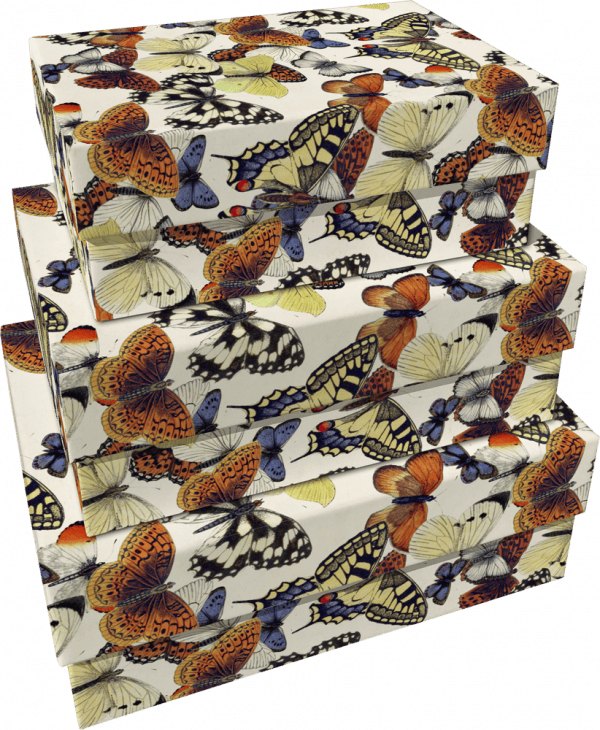 Un conjunto de tres cajas rectangulares con un estampado de mariposas de colores sobre fondo blanco: SET 3 CAJAS CARTÓN MARIPOSAS.