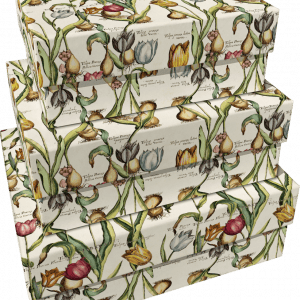 SET 3 CAJAS TULIPANES: Tres cajas apiladas decoradas con papel de tulipanes en varios colores y textos científicos.