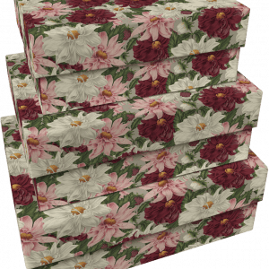 Una pila de tres cajas rectangulares de la colección SET 3 CAJAS DALIAS, que presenta un patrón floral con flores blancas, rosas y rojo oscuro y hojas verdes.