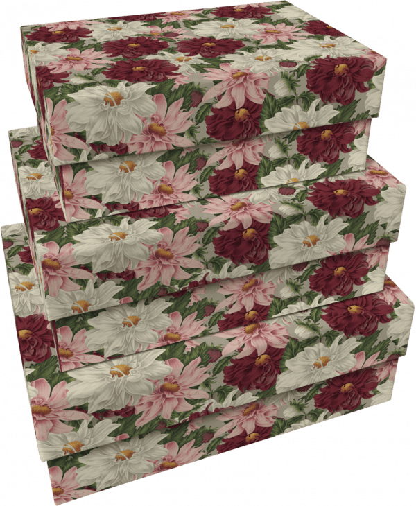 Una pila de tres cajas rectangulares de la colección SET 3 CAJAS DALIAS, que presenta un patrón floral con flores blancas, rosas y rojo oscuro y hojas verdes.