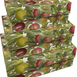 Un conjunto de tres cajas rectangulares llamadas SET 3 CAJAS MANZANAS, decoradas con un colorido patrón de frutas y hojas protagonizado por manzanas y peras.