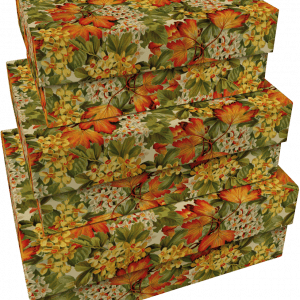 Set de 3 cajas de cartón decoradas con hojas de otoño y flores amarillas.