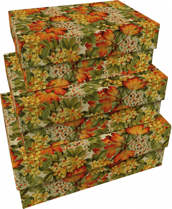 Set de 3 cajas de cartón decoradas con hojas de otoño y flores amarillas.