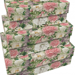 Un juego de tres cajas rectangulares llamadas SET 3 CAJAS PEONIAS DE COLORES, envueltas con patrones florales que presentan peonías rosas, blancas y moradas con hojas verdes.