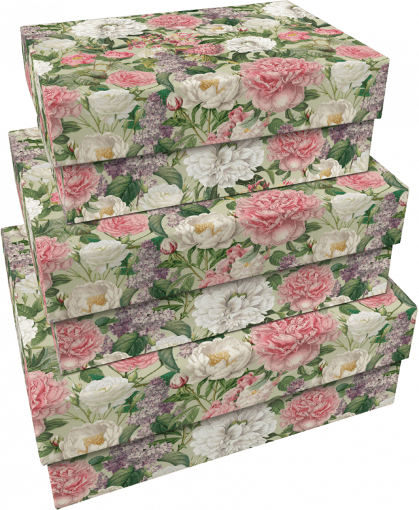 Un juego de tres cajas rectangulares llamadas SET 3 CAJAS PEONIAS DE COLORES, envueltas con patrones florales que presentan peonías rosas, blancas y moradas con hojas verdes.