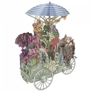El 3D008 CARRITO VENDEDOR FLORES AZUL es un carrito decorativo lleno de flores de colores y un perrito, con un paraguas a rayas azules y blancas.