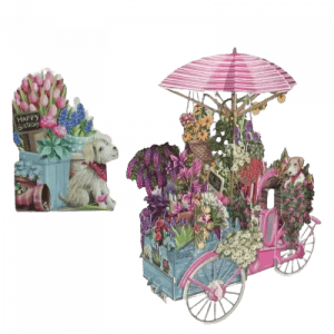 La tarjeta desplegable 3D009 BICICLETA VENDEDORA DE FLORES presenta un carrito de bicicleta rosa con flores de colores, un paraguas rosa a rayas, una caja de flores y un perrito que le da un toque encantador y decorativo.