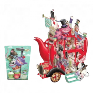 La 3D023 LA TETERA DE ALICIA es una colorida tarjeta 3D con una caprichosa tetera roja, ratones, sombreros y tazas de té, además de una tarjeta plana a juego con un ratón con sombrero.