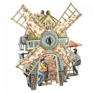 Ilustración de la TIENDA DE TE 3D025 con un molino de viento decorativo con aspas estampadas, personas sentadas en mesas cercanas y coloridas sombrillas de fondo.