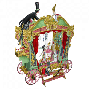 El ED027 CARRUAJE DE MARIONETAS es una colorida y ornamentada maqueta de papel de un carromato de circo de época con personajes recortados, cortinas rojas e intrincados detalles dorados.