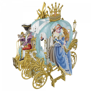 El 3D028 CARRUAJE DE CENICIENTA presenta un adornado carruaje dorado con Cenicienta en un vestido azul en el interior y un cochero con cabeza de ratón en la parte delantera.