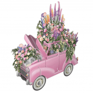 El 3D029 COCHE CON FLORES ROSA muestra un coche de época rosa rebosante de flores vibrantes desde su capó abierto, asientos y maletero.