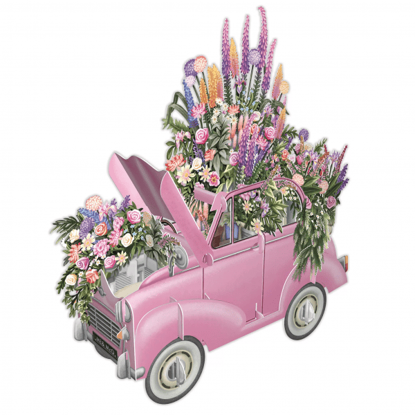 El 3D029 COCHE CON FLORES ROSA muestra un coche de época rosa rebosante de flores vibrantes desde su capó abierto, asientos y maletero.