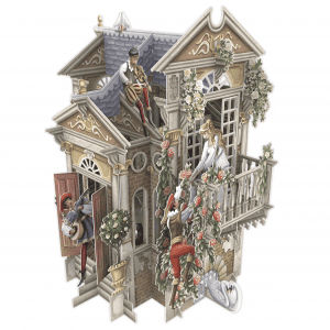 3D035 ROMEO&JULIETA: Ilustración de una casa de tres pisos con cuatro personas interactuando a su alrededor, adornada con flores, vegetación y un cisne blanco descansando cerca de la entrada.
