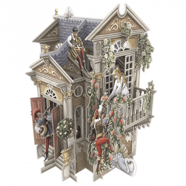 3D035 ROMEO&JULIETA: Ilustración de una casa de tres pisos con cuatro personas interactuando a su alrededor, adornada con flores, vegetación y un cisne blanco descansando cerca de la entrada.