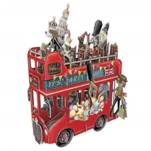El 3D036 AUTOBÚS FIESTA INFANTIL es un autobús rojo de dos pisos decorado para una fiesta, que transporta animales disfrazados junto con dulces, regalos y una gran tarta de capas en el piso superior.