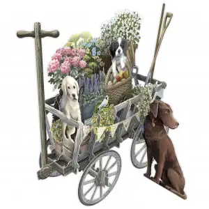 Tres perros sentados entre cestas de flores y herramientas de jardín en el 3D037 CARRITO DE PERROS Y FLORES, un carrito de madera con asa y grandes ruedas.