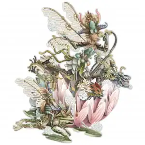 El 3D038 HADA DEL RÍO presenta caprichosas hadas con alas de insecto, gafas y sombreros de flores, que interactúan con bichos y dientes de león encima de una gran flor rosa.