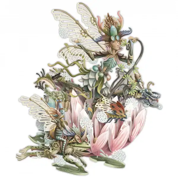 El 3D038 HADA DEL RÍO presenta caprichosas hadas con alas de insecto, gafas y sombreros de flores, que interactúan con bichos y dientes de león encima de una gran flor rosa.