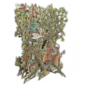 La CASA DE HADAS 3D039 es una vibrante y detallada escultura de papel que presenta una caprichosa aldea en una casa del árbol con casas de cuento, ramas retorcidas y hadas aladas.